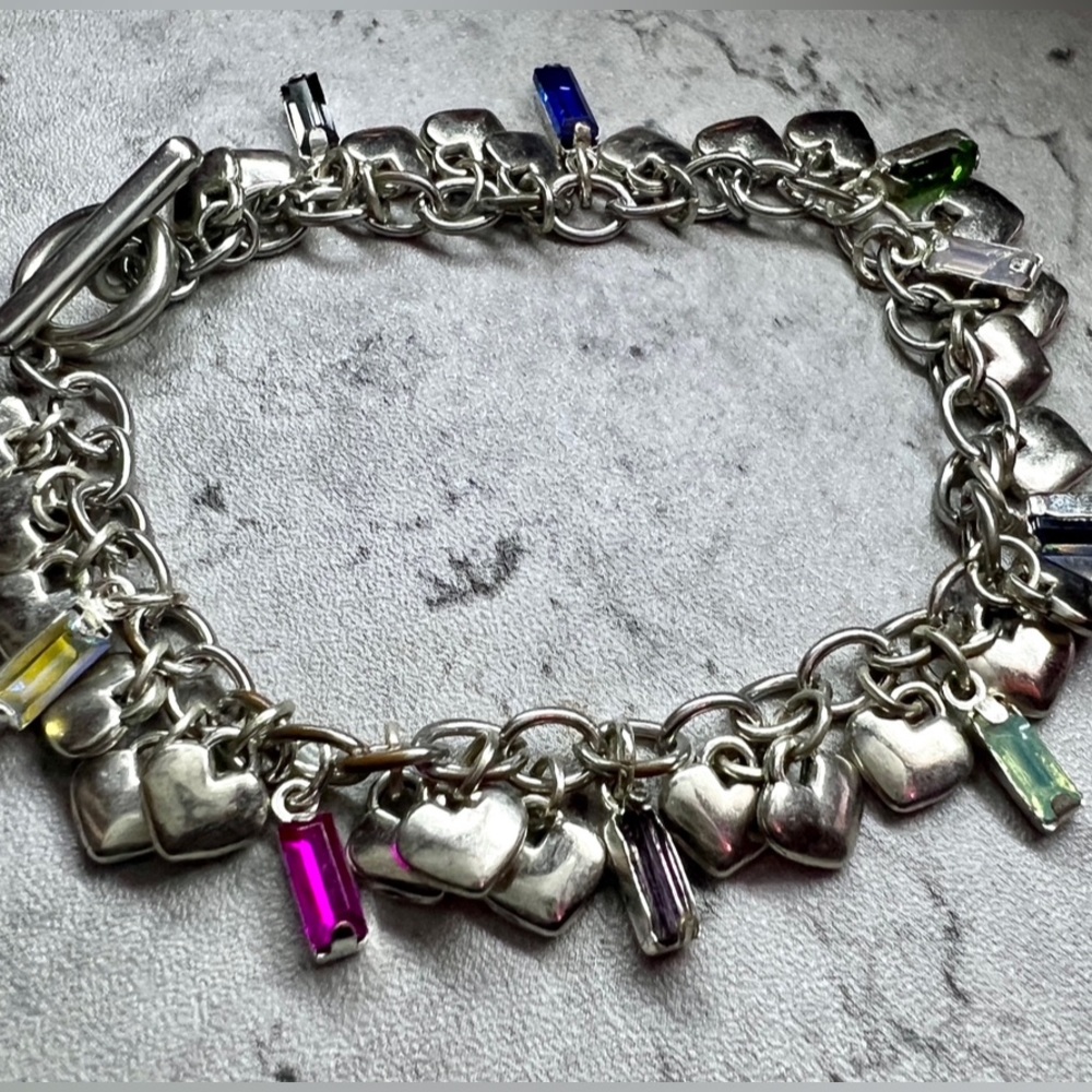 NWT Silver Plated Mini Heart & Multi Colored Baguette Stone Toggle Brace…